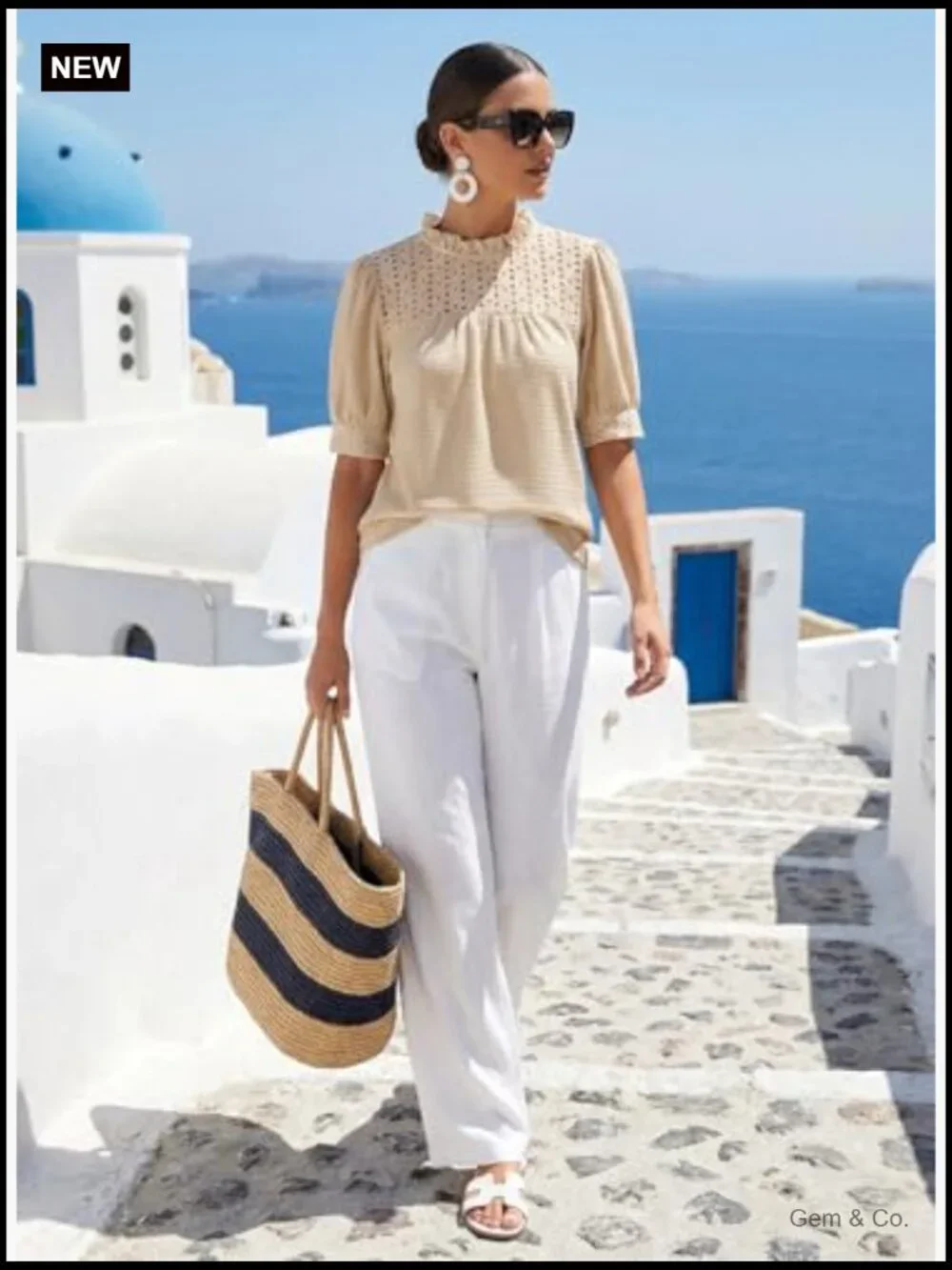 Waffle Knit Frill Trim Mock Neck Puff Sleeve Blouse Top - Picture 2 of 7